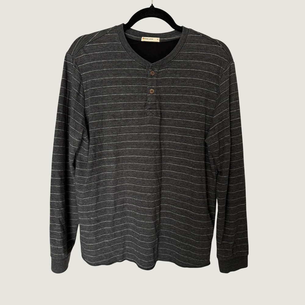 Marine Layer Mens Striped Henley Long Sleeve Shirt Charcoal Grey Medium 13678